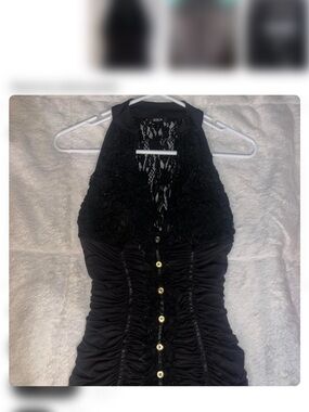 Black Lace Halter Ruched Top with Gold Buttons